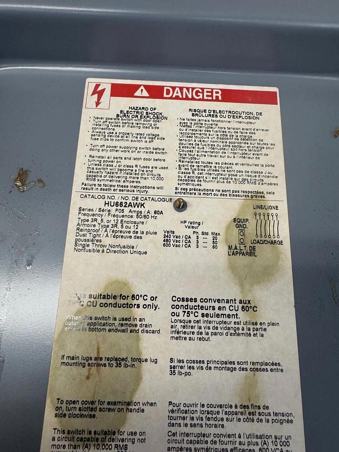 Used Square D HU662AWK Safety Switch, 60A, 600VAC