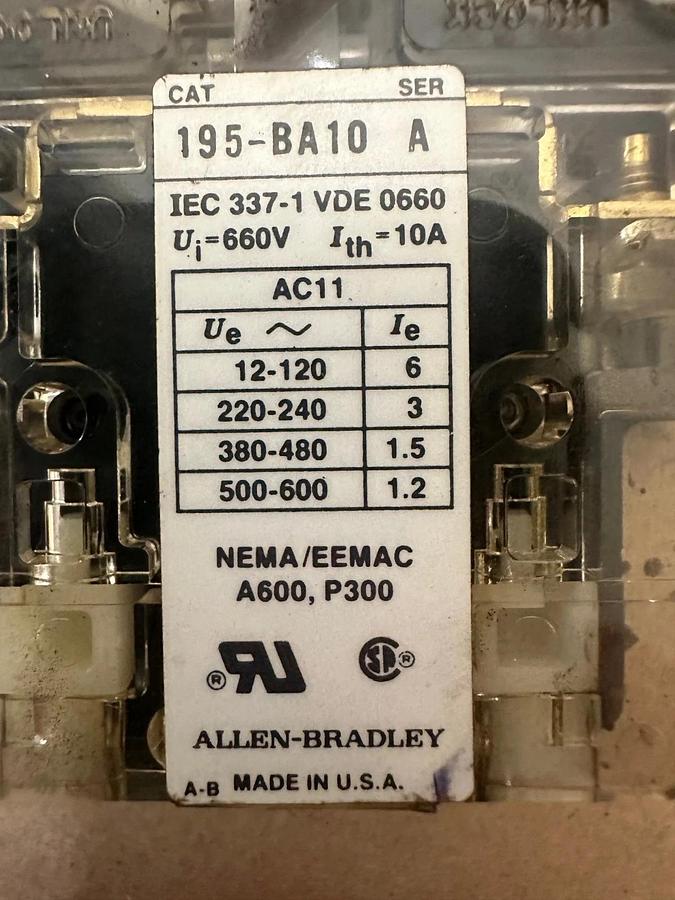 Used Allen Bradley 195-BA10 Auxiliary Contact