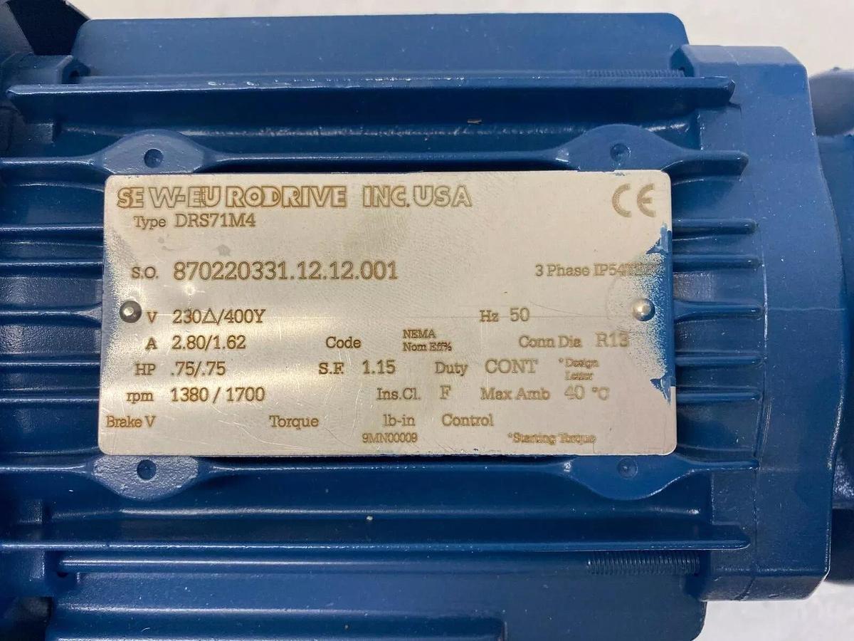 Used SEW-Eurodrive Inc. DRS71M4 3 Phase Motor A 2.80/1.62 HP .75/.75