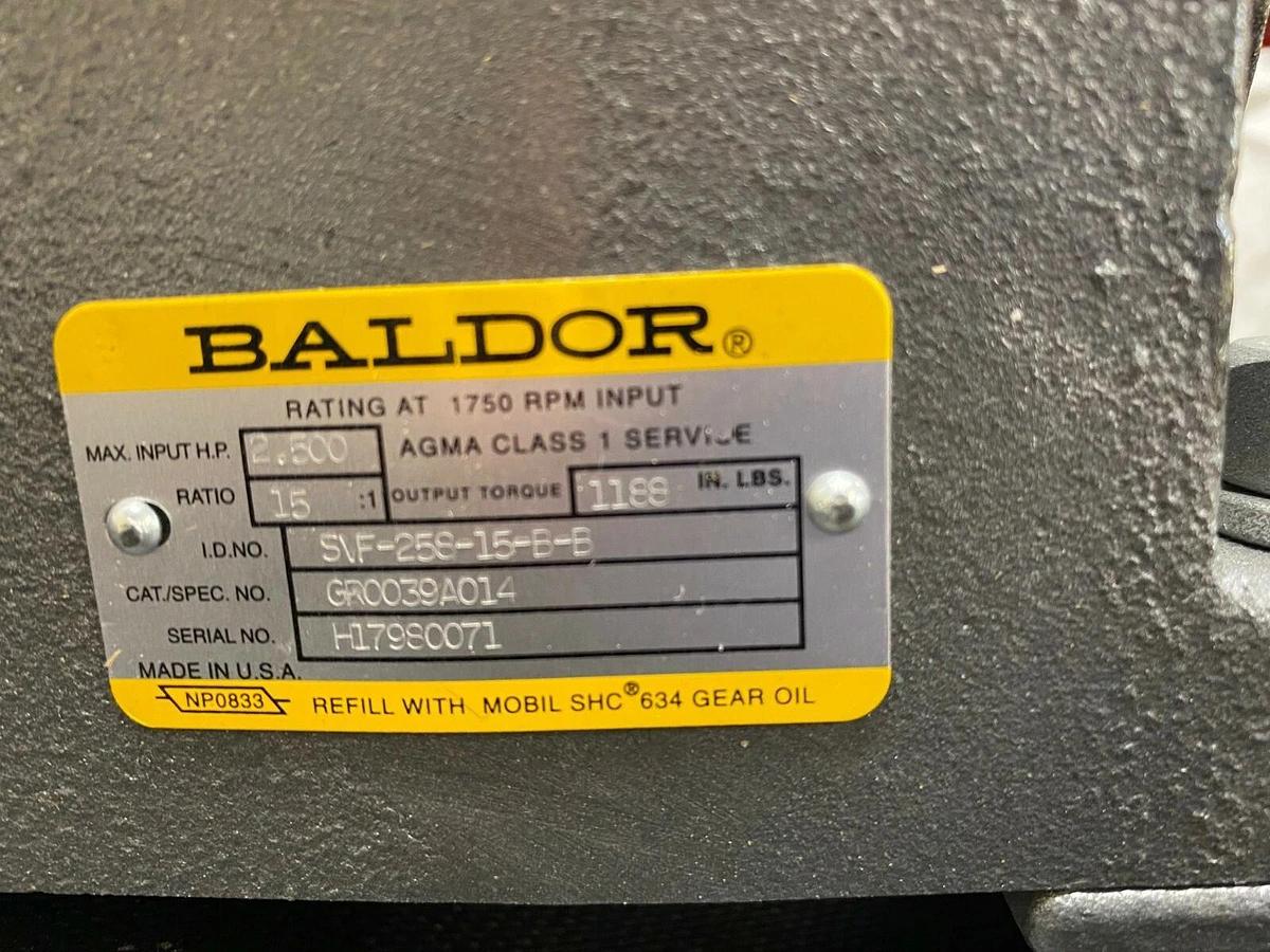 Used Baldor SVF258-15B-B Right Angle Worm Gear Speed Reducer, Ratio 15:1