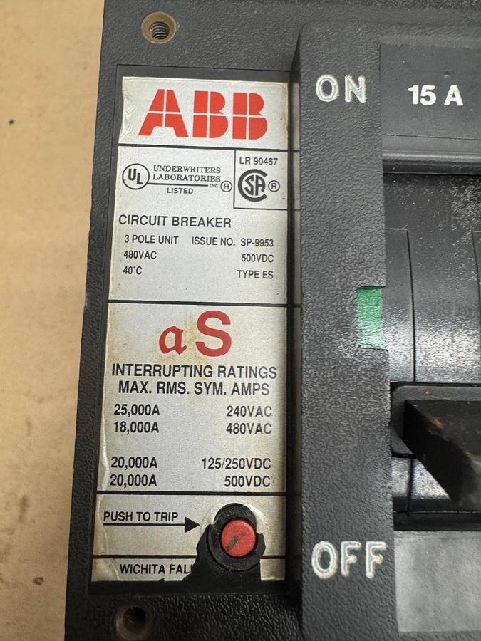 Used ABB LR 90467 15A 3 Pole Circuit Breaker
