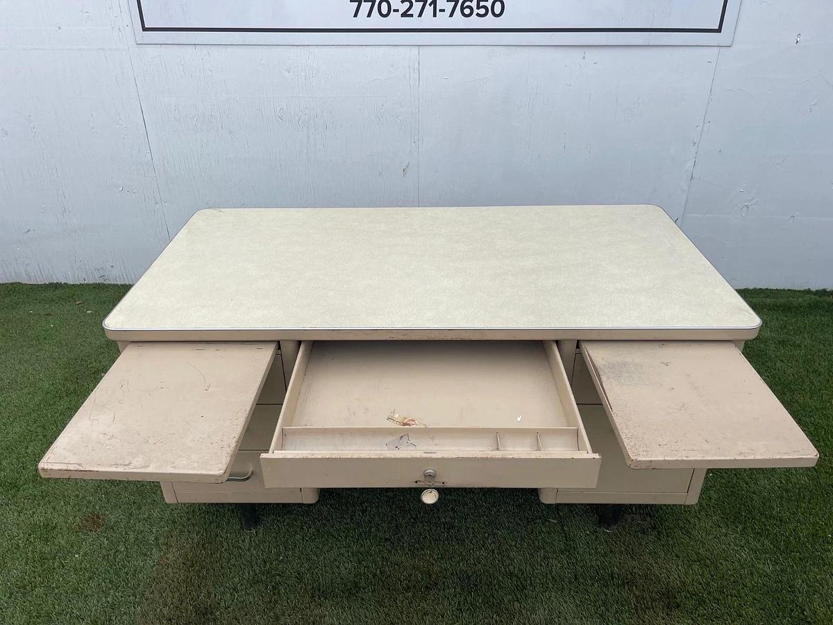 Used Vintage Tank Desk, 5 Drawer, Beige Frame, Metal, Top Length: 60”, Top Width: 30”