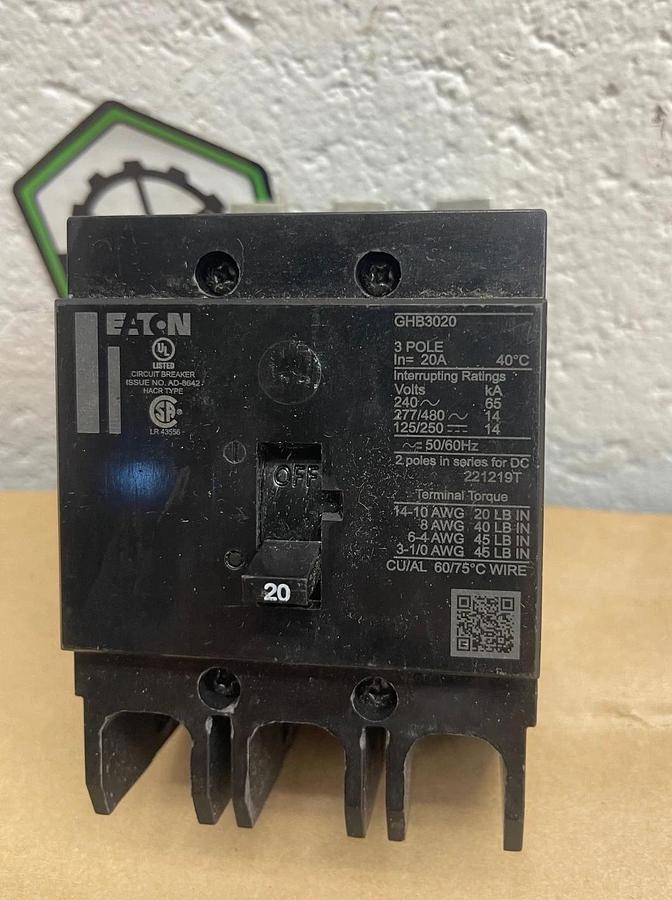 Used Eaton GHB3020 Bolt On Circuit Breaker, 3 Pole, 20Amp *NEW*