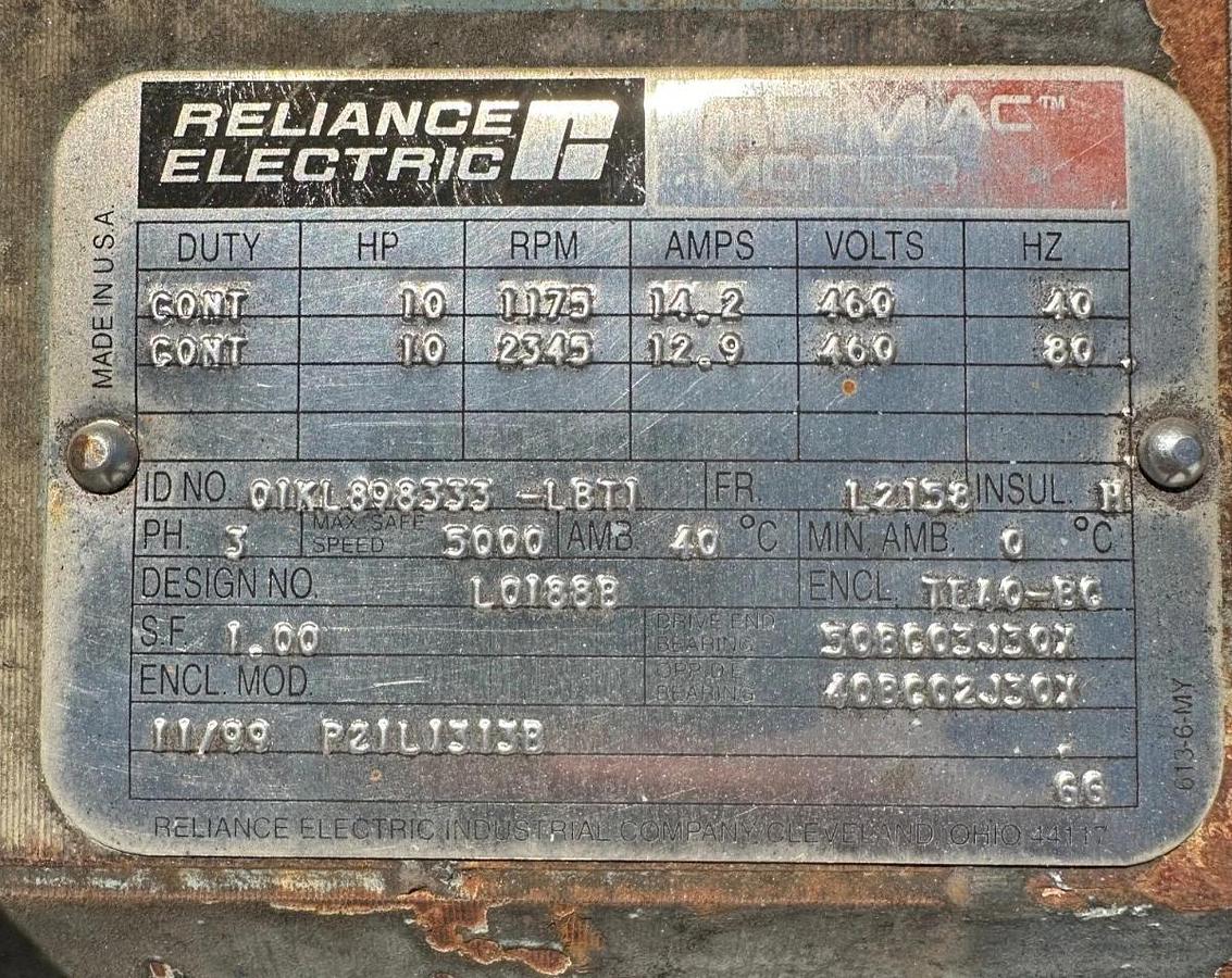 Used Reliance Electric P21L1313B 10Hp Motor @ 2345 Rpm, 460V, 3 Phase, 80Hz