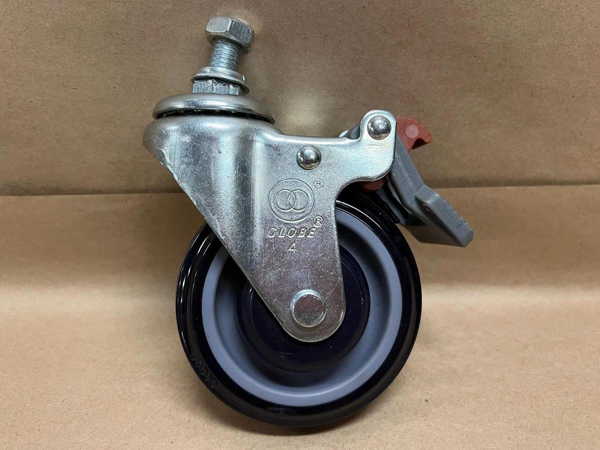 Used Globe 4" Threaded Stem Swivel Caster Wheel w/ Top-Lock Brake - Lot of 4
