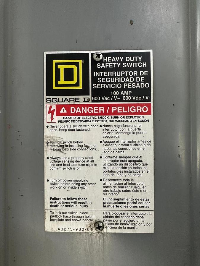 Used Square D HU363RB Disconnect Switch, 100A 600VAC Non Fused