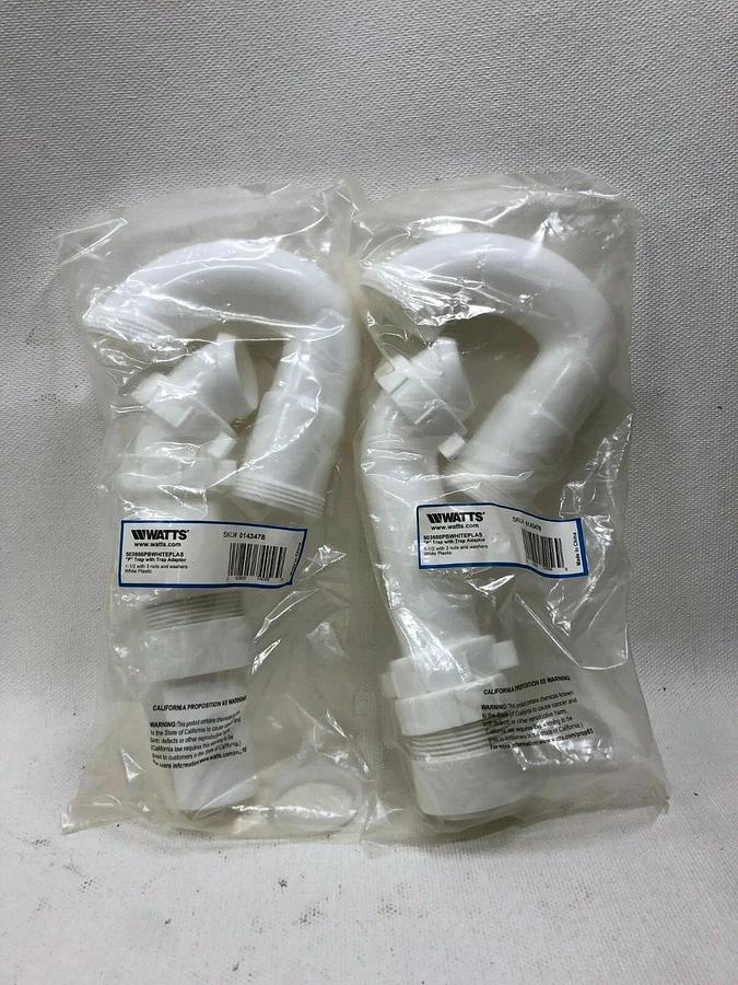 Used Watts 1-1/2” PVC P-Trap (Lot of 2) with Trap Adaptor and 3 nuts, 3 washers