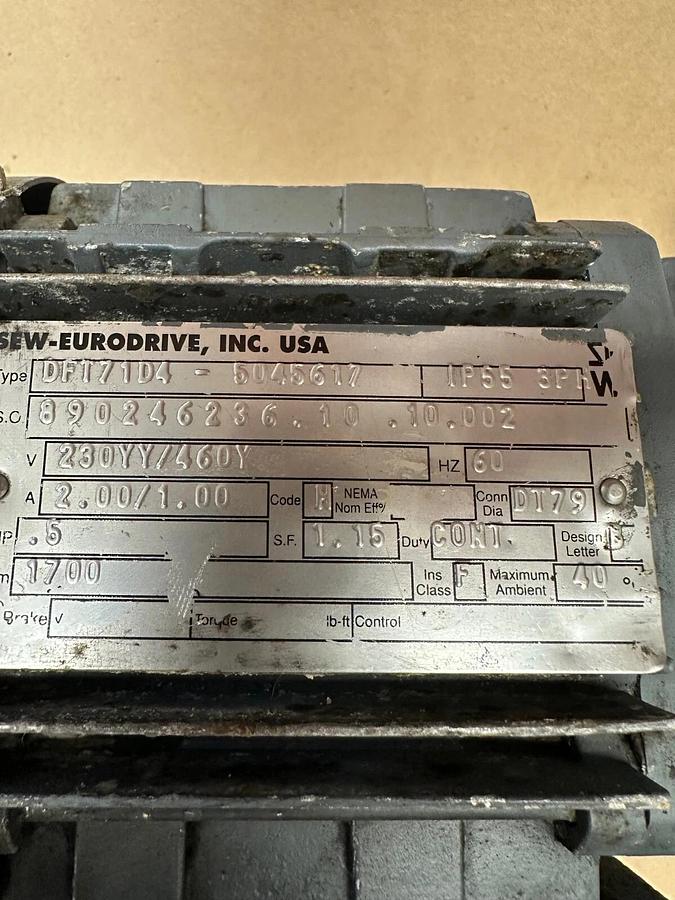 Used SEW-Eurodrive Inc. Gearbox 43.68:1, SA37DRS71S4, .5Hp Motor