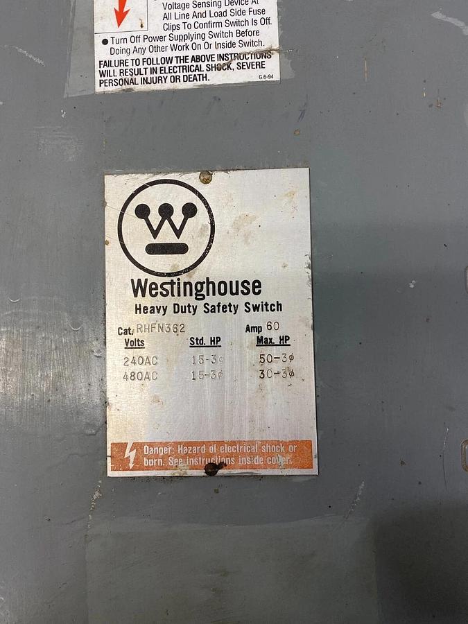 Used Westinghouse RHFN362 Heavy Duty Safety Switch 60Amp, 600 Volts