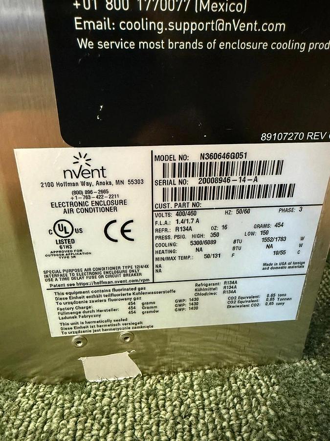 Used Nvent Hoffman N360646G051 Narrow Indoor/Outdoor AC, 6000 BTU, 460V *NEW*