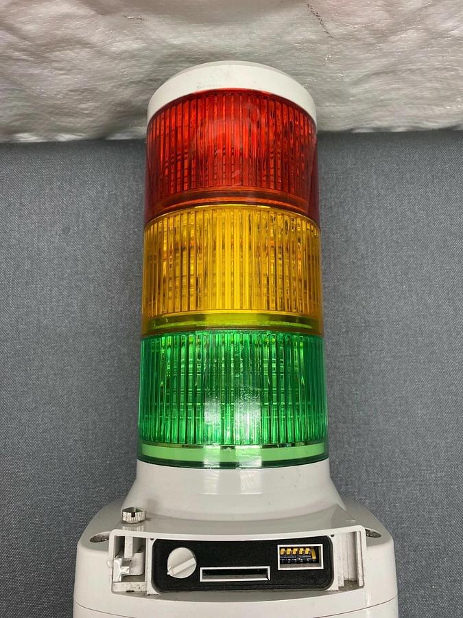 Used Patlite LKEH-FV Signal Tower w/ Horn and Red,Yellow, Green Light Stack
