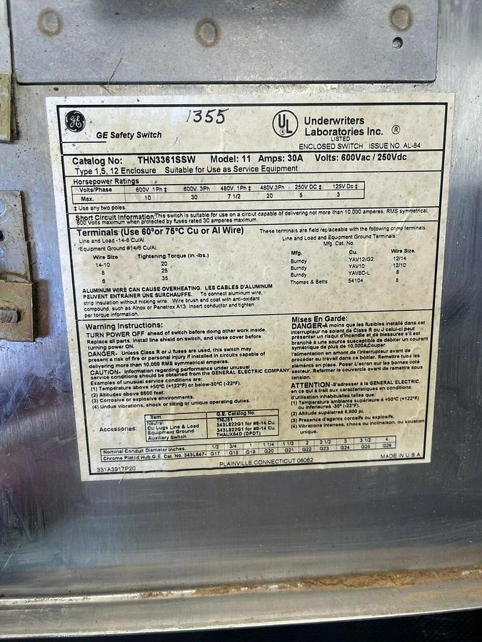 Used General Electric THN3361SSW, Heavy Duty Safety Switch, 30 Amp, 600 VAC, 3-pole