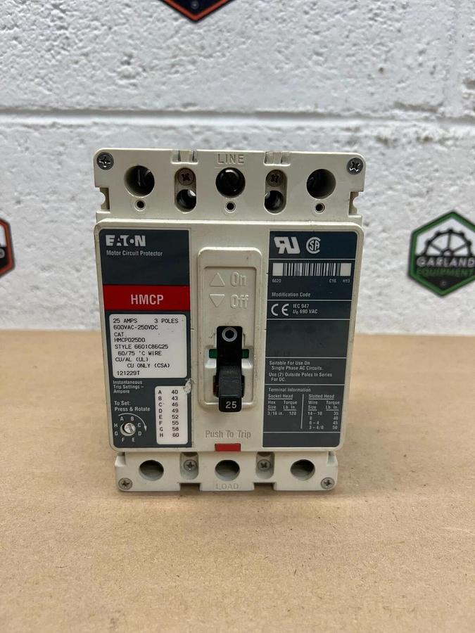 Used Eaton HMCP025D0 25A, 3 Pole, 600VAC-250VDC Motor Circuit Protector