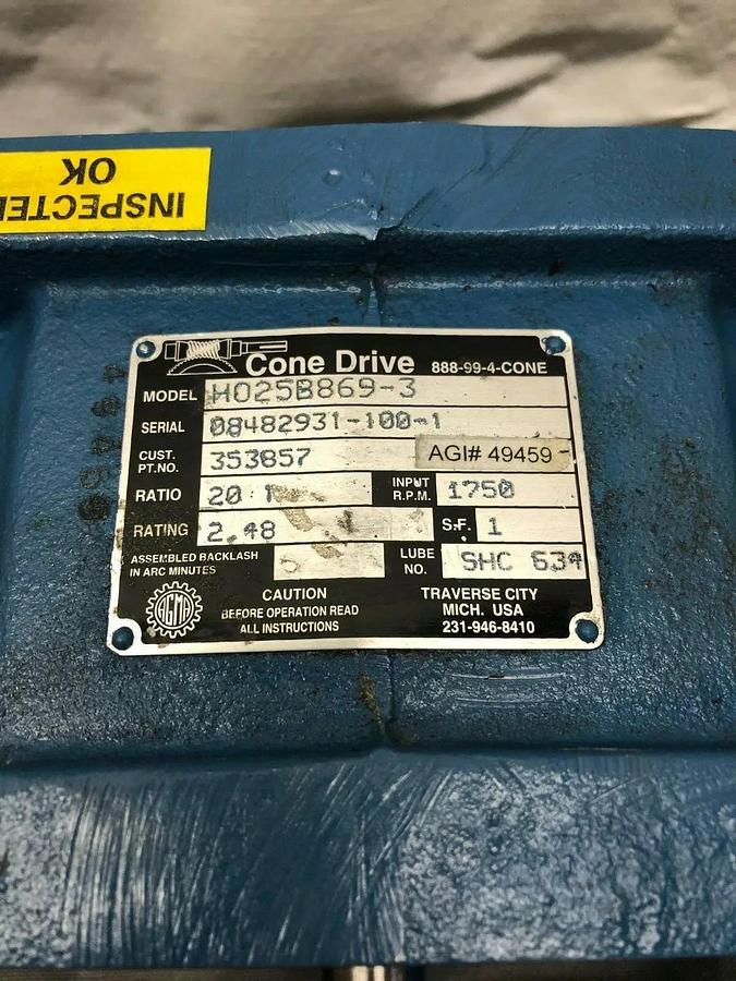 Used Cone Drive HO25B869-3 Gearbox, Serial # 08482931-100-1, Ratio: 20:1