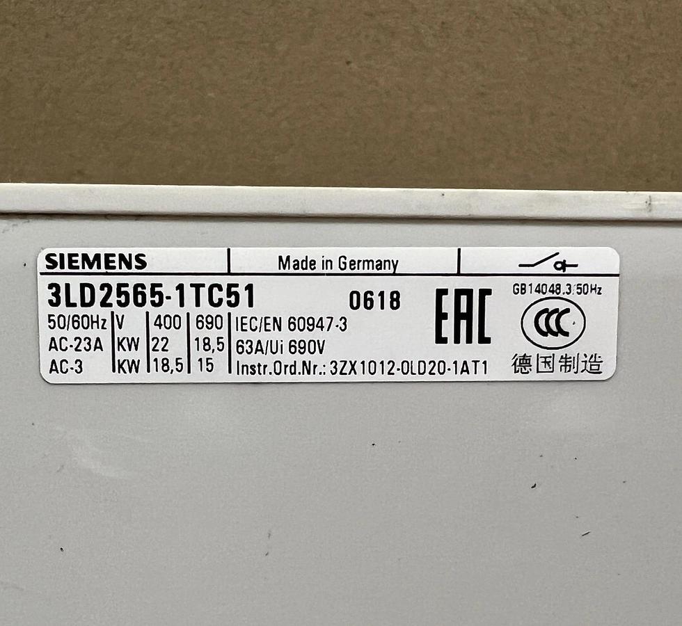 Used Siemens 3LD2565-1TC51 Non-Fused Isolator Switch - Lot of 2