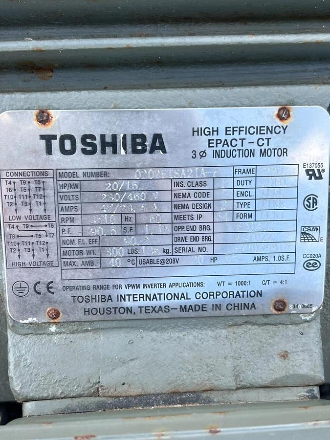 Used Toshiba 0202FTSA21A-P High Efficiency Epact-CT Motor, 20/15HP 230/460V 3510RPM