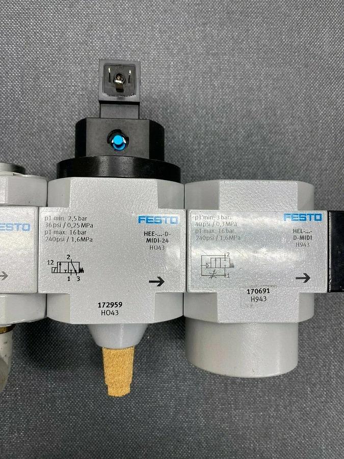 Used Festo LFR-D-7-MIDI Micro Filter w/ Regulator and 4 Additional Festo Attachments