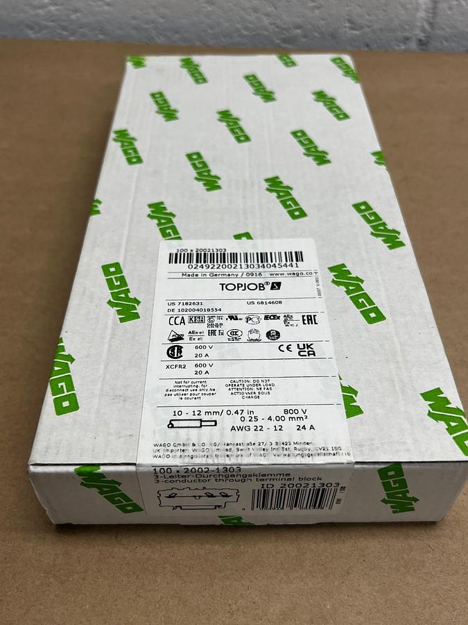 Used WAGO Topjob 2002-1303 Terminal Blocks 20A 600V 3-Conductor, Qty 100 FACTORY SEAL