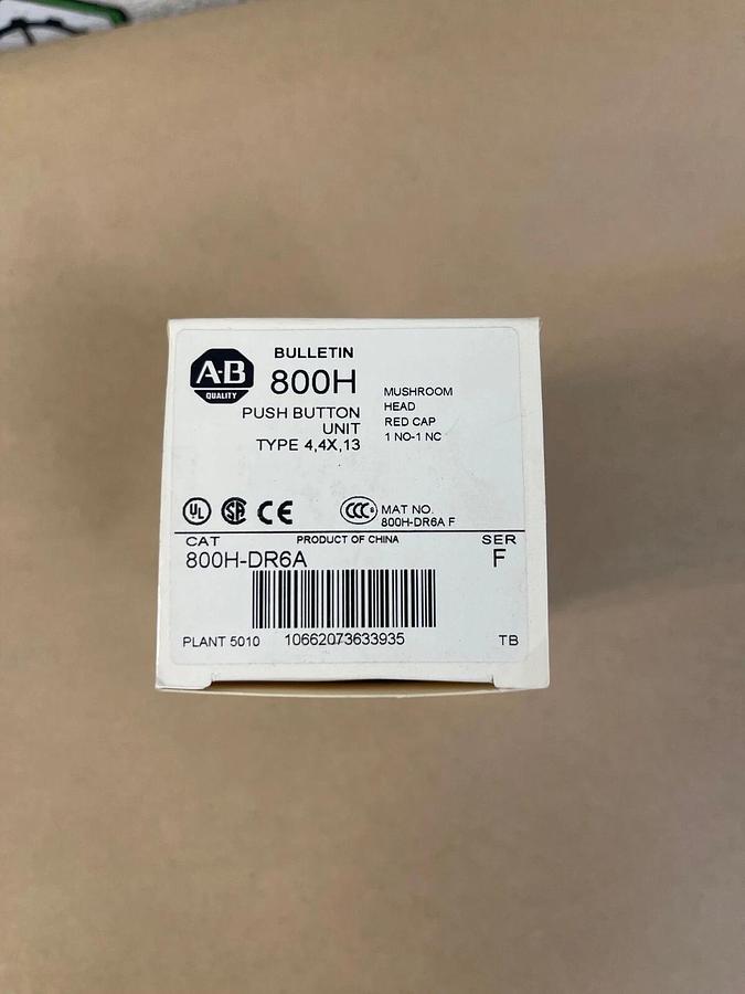 Used Allen-Bradley 800H-DR6A Push Button Unit Type 4, Series F, Mushroom Head Red Cap