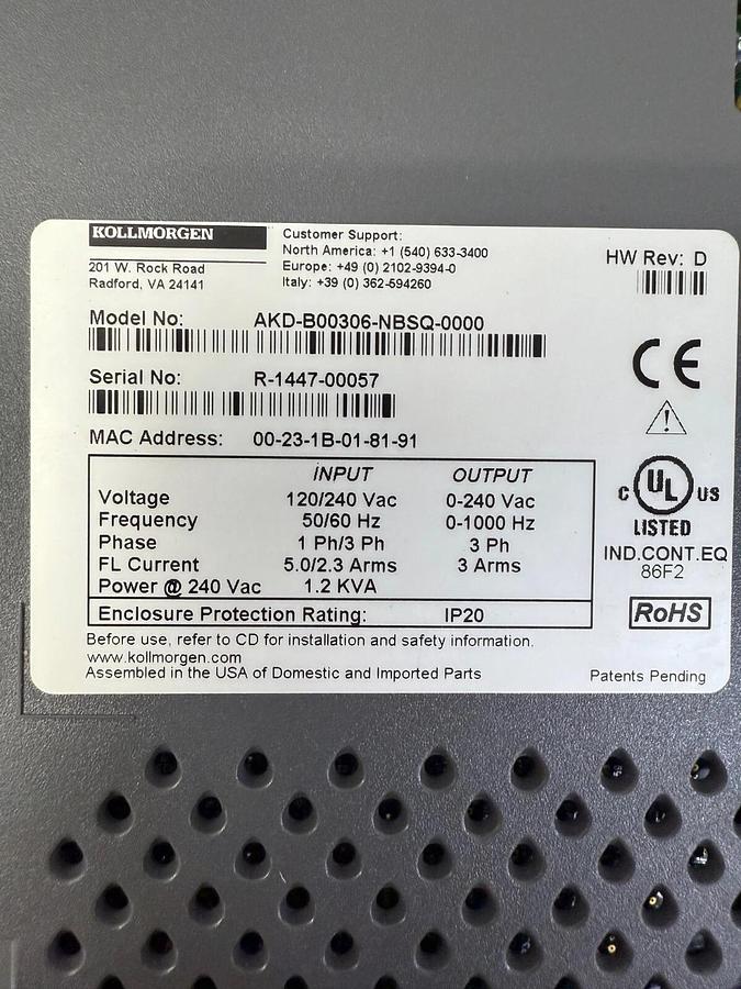Used Kollmorgen AKD-B00306-NBSQ-0000 Servo Drive