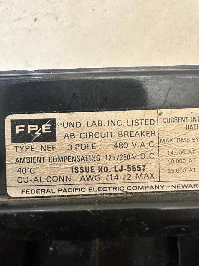 Used Federal Pacific Electric Company NEF 30A 3 Pole Circuit Breaker