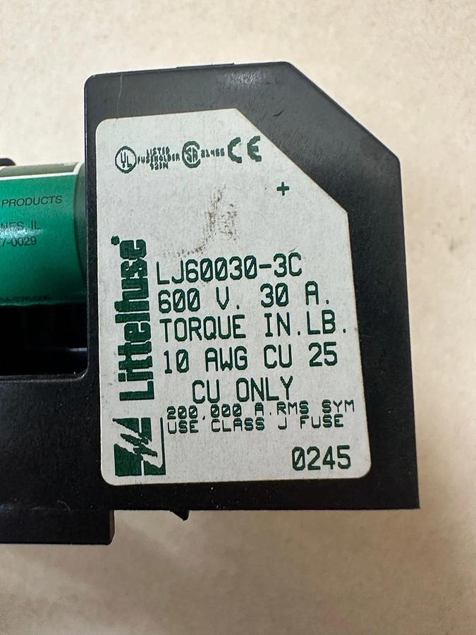 Used Littelfuse LJ60030-3C, 600V Fuse Block w/ Littelfuse JTD 20 Fuse