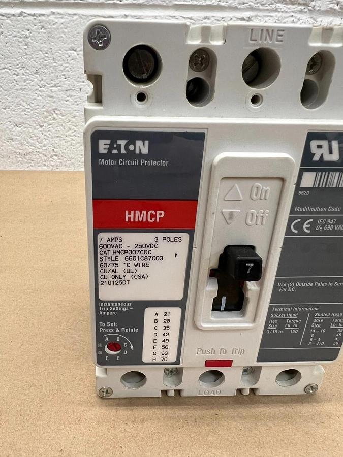 Used Eaton HMCP007C0C 7A, 3 Pole, 600VAC- 250VDC Motor Circuit Protector