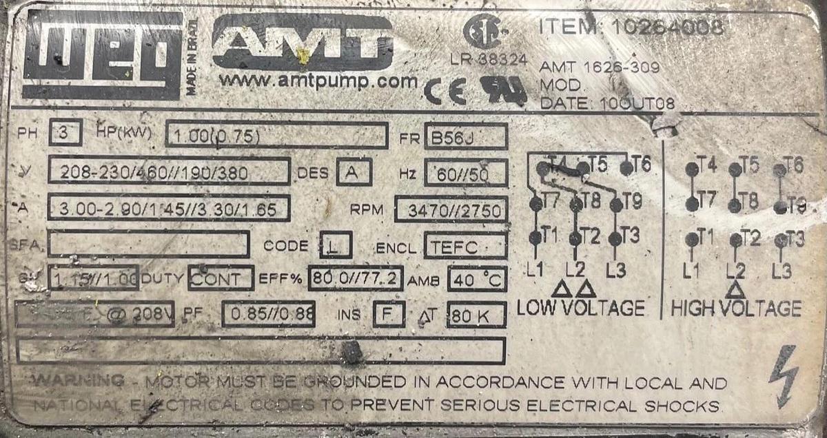 Used WEG AMT-1626-309 Electric Motor, .075 HP, 60/50 Hz, 3470 RPM