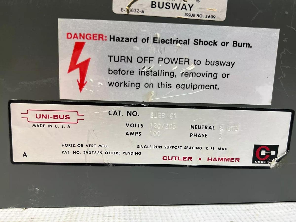 Used Cutler Hammer EJBS-51 120/208 Volts, UNI-BUS Tap box, 100 Amps, 3 PH