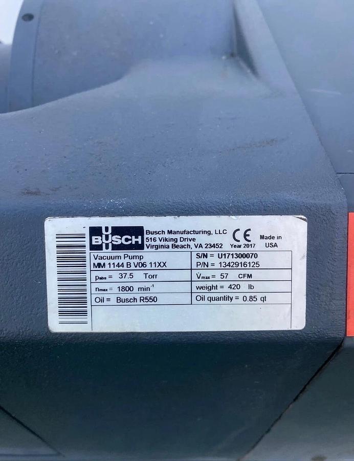 Used Busch Mink MM 1144 B V06 11XX Dry Claw Vacuum Pump, 3HP Baldor SuperE Motor