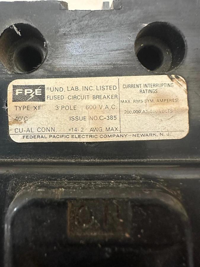 Used Federal Pacific Electric Company XF 20A 3 Pole Circuit Breaker