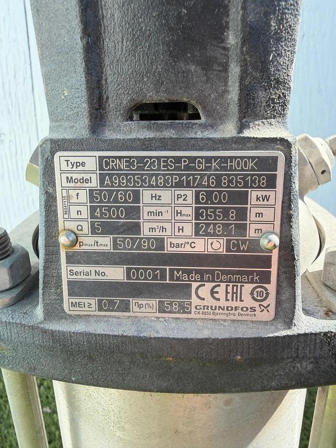 Used GRUNDFOS CRNE3-23 ES-P-GI-K-HQQK Vertical, Multistage Centrifugal Pump