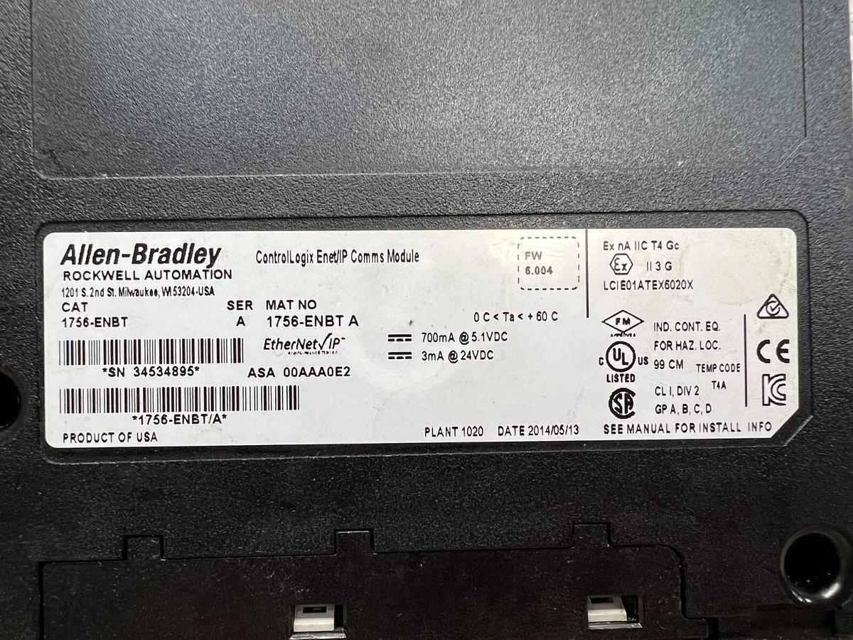 Used Allen Bradley 1756-ENBT Ser. A ControlLogix Enet/IP Comms Module, FW 6.004