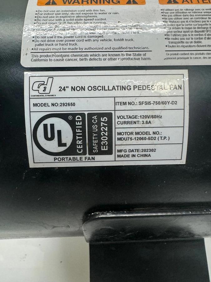 Used Continental Dynamics 292650, 24” Non Oscillating Pedestal Fan, 120V, 60Hz 3.6A