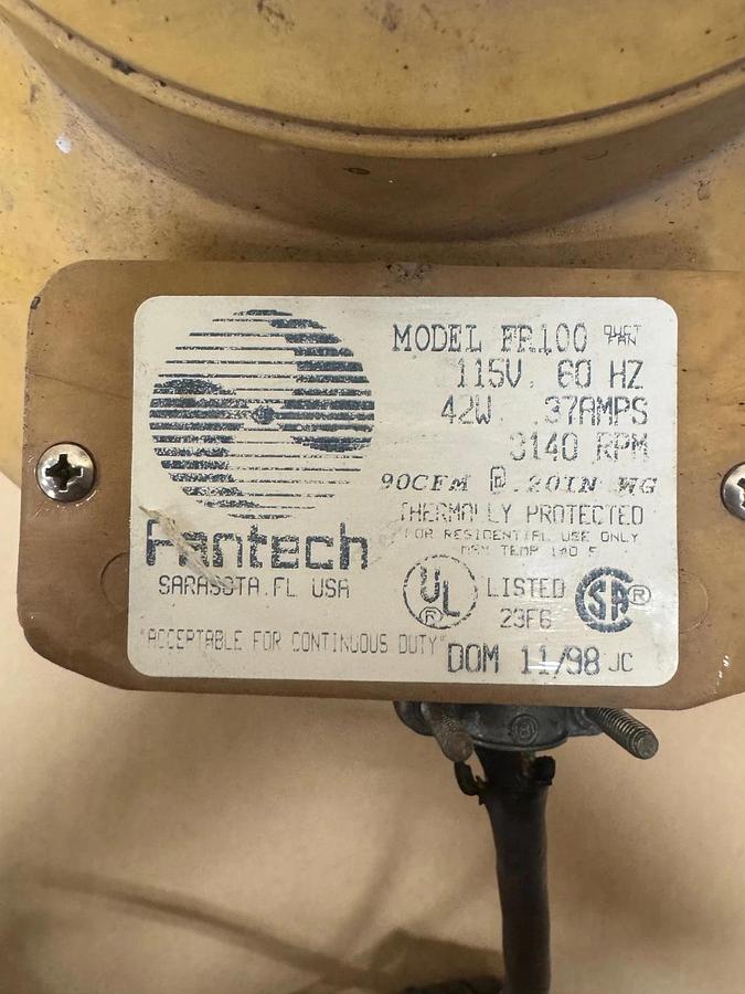 Used FanTech FR100 Inline Duct Fan, 115V, 60Hz, 37A, 2” & 3-3/4” Bores