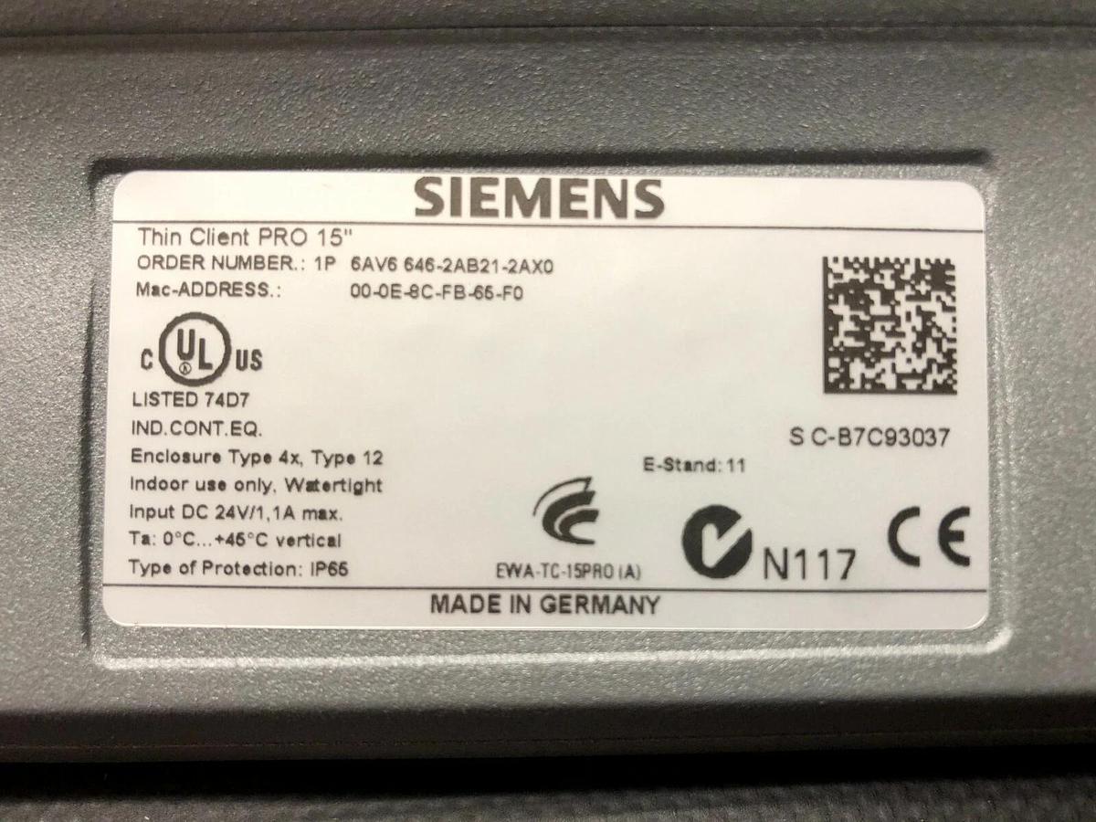 Siemens 6AV6646-2AB21-2AXO SIMATIC Thin Client - 15” Touch Display