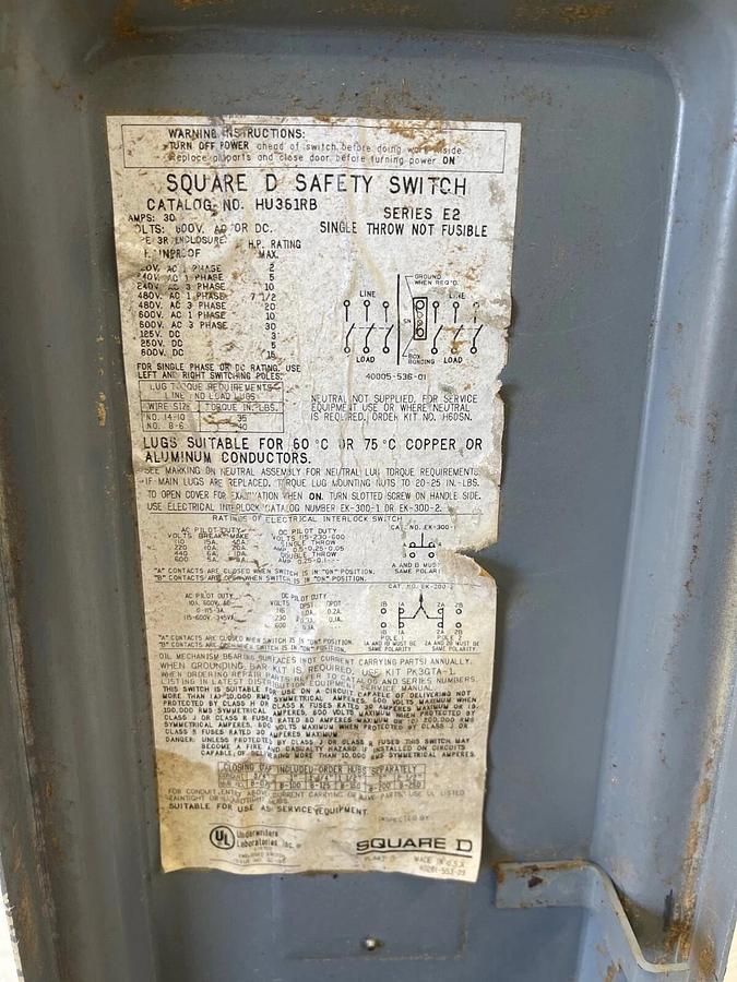 Used Square D HU361RB Heavy Duty Safety Switch Ser E2 30A 600VAC Single Throw