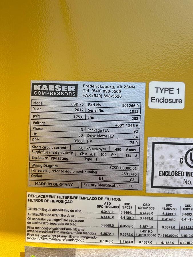 Used Kaeser CSD 75 Rotary Screw Air Compressor, 75Hp, CFM: 283, PSIG: 175