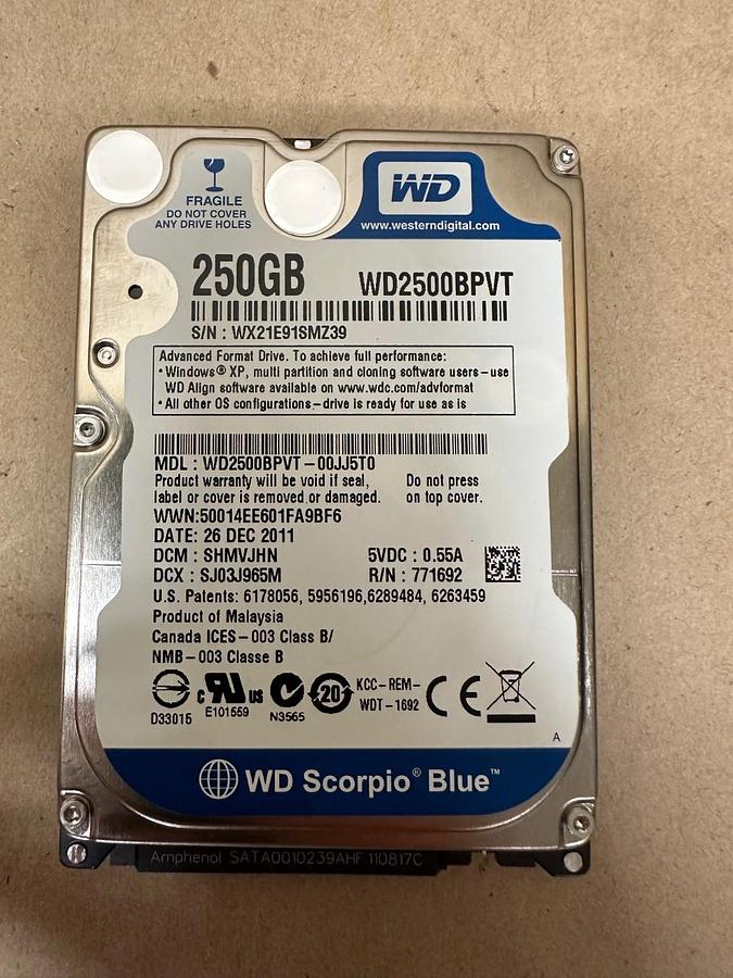 Used Western Digital WD2500BPVT 250GB Scorpio Blue Hard Drive