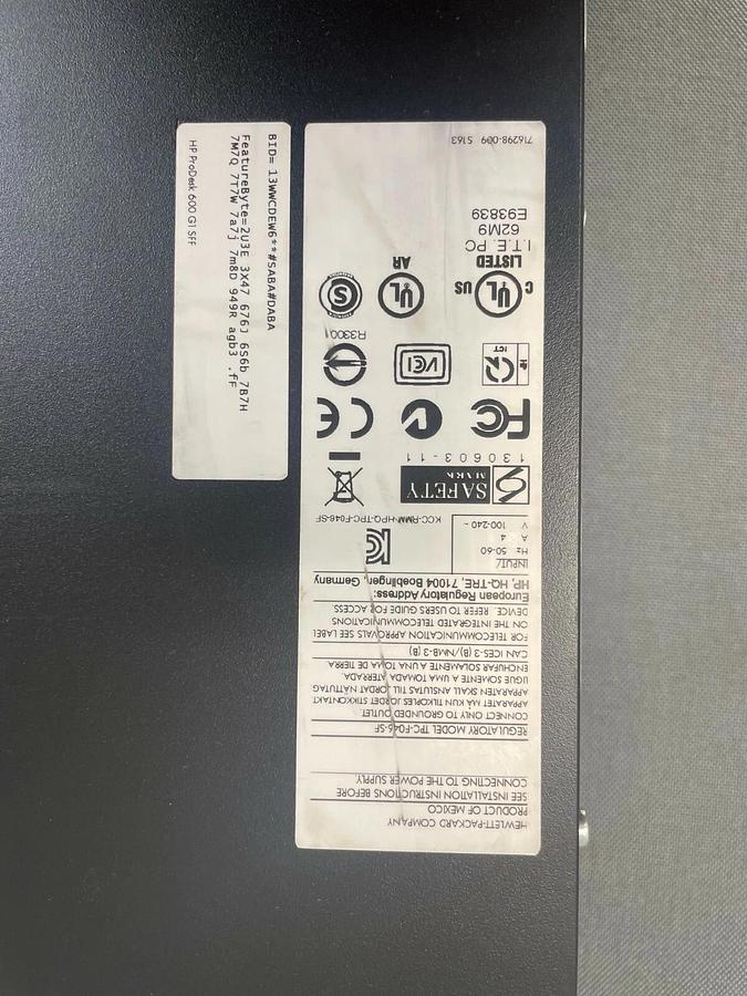Used HP Prodesk 600, G-1 SFF, Windows 7 SP1, TPC-F046-SF, 50 Hz, 4 A, 240 V