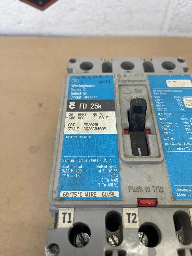 Used Westinghouse FD3020L Industrial Circuit Breaker, Series C, 20A, 600 VAC, 3 Pole