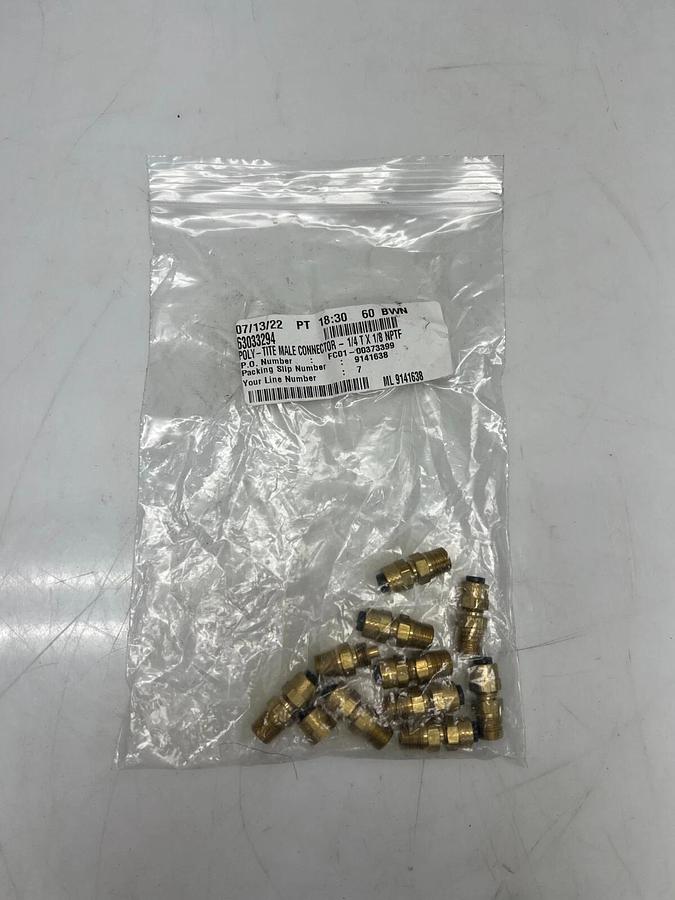 Used Parker 63033294 Poly-Tite Connector 1/4T X 1/8 NPTF - Lot of 10 pcs