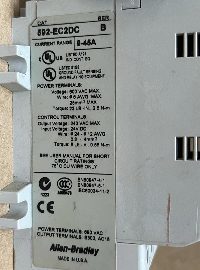 Used Allen Bradley 592-EC2DC Ser B, E3 Plus DeviceNet Solid-State Overload Relay