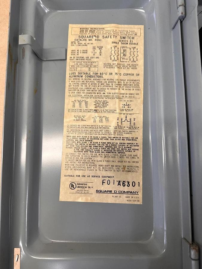 Used Square D - H361 - Heavy Duty Safety Switch - 30 amp 600 volt