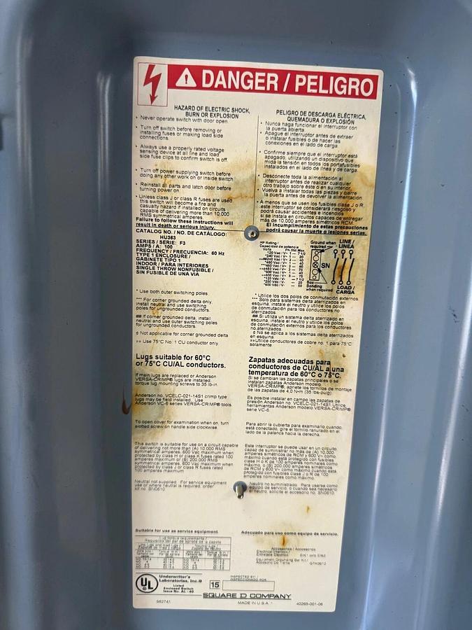 Used Square D HU363 Non-Fused Safety Switch, 100 Amps, 60 Hz, 600 VAC, 600 VDC