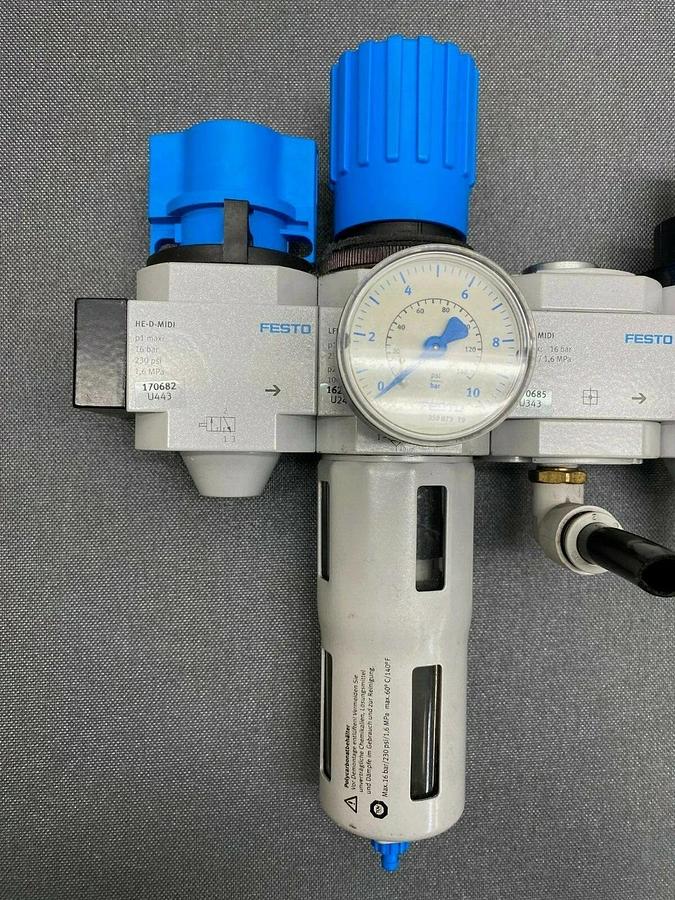 Used Festo LFR-D-7-MIDI Micro Filter w/ Regulator and 4 Additional Festo Attachments