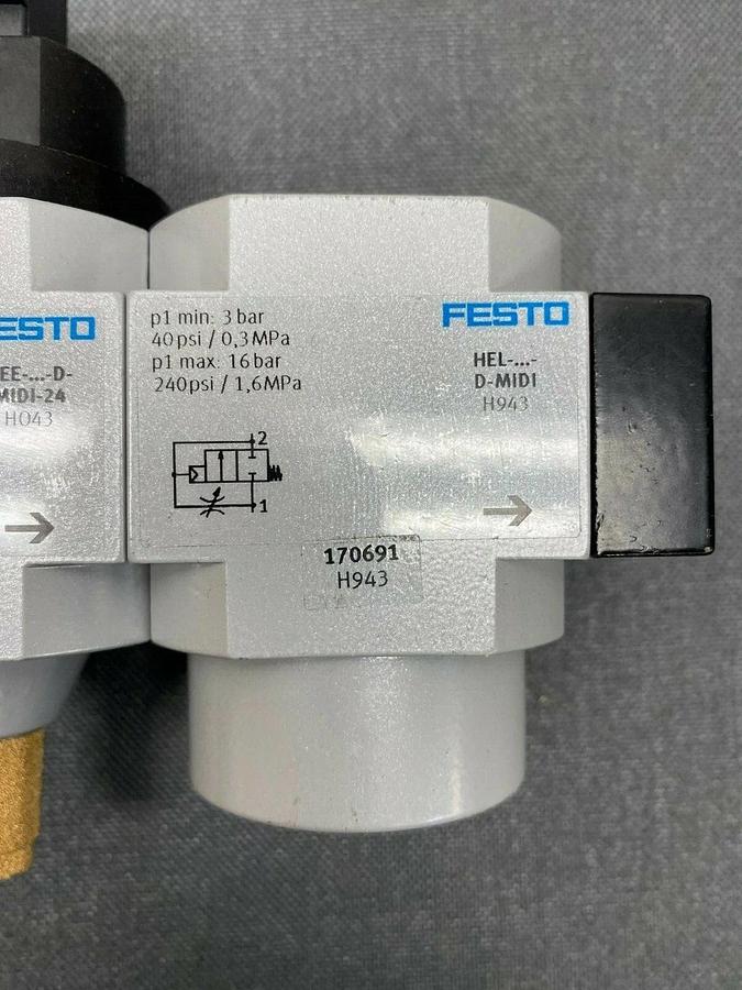 Used Festo LFR-D-7-MIDI Micro Filter w/ Regulator and 4 Additional Festo Attachments