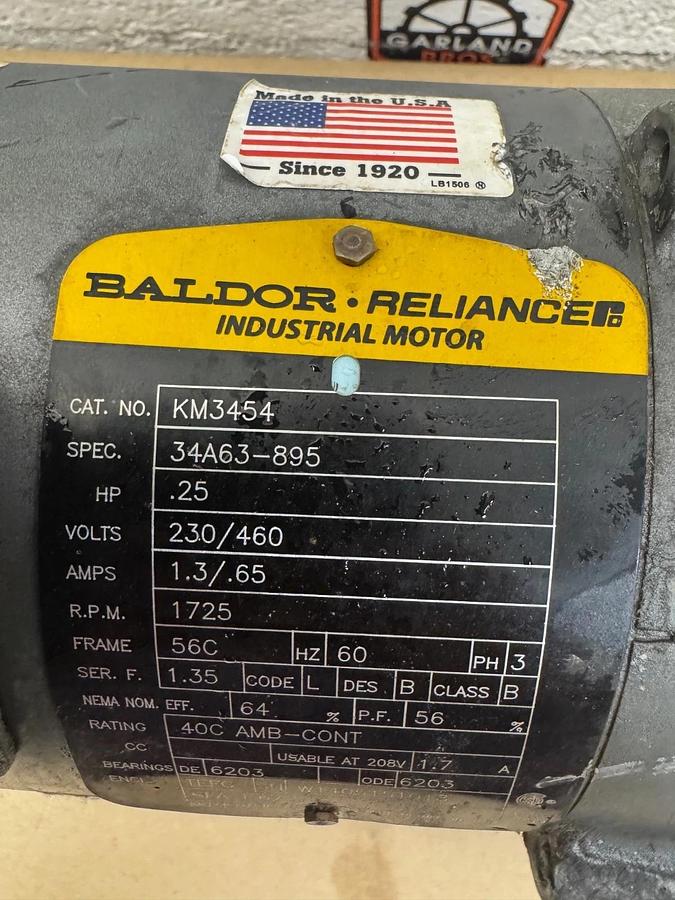 Used Baldor Reliance KM3454 1/4Hp Motor @ 1725RPM, C-Face, 230/460V, 1.3/0.65A