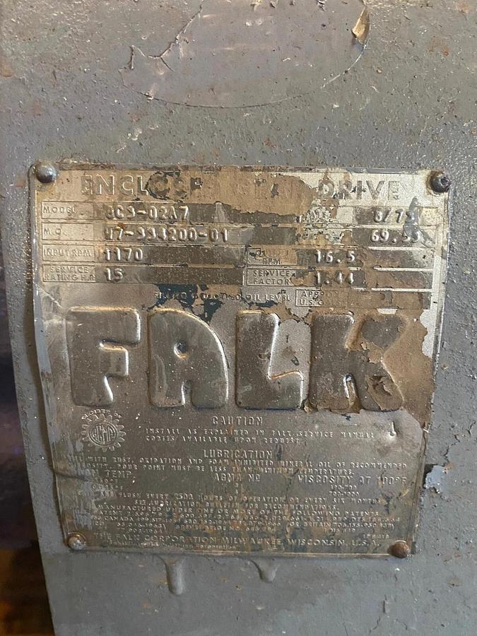 Used Falk 8C3-02A7 Gear Drive Ratio 69.53:1, w/ Toshiba Motor 20HP, 1170 Input RPM
