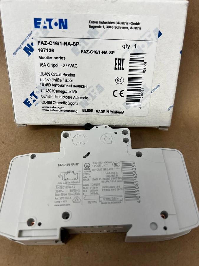 Used Eaton FAZ-C16/1-NA-SP Circuit Breaker 16A 1 Pole 277VAC